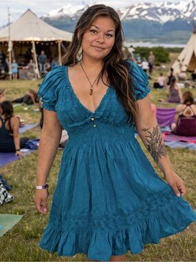 Teal Short-Sleeve V-Neck Summer Dress